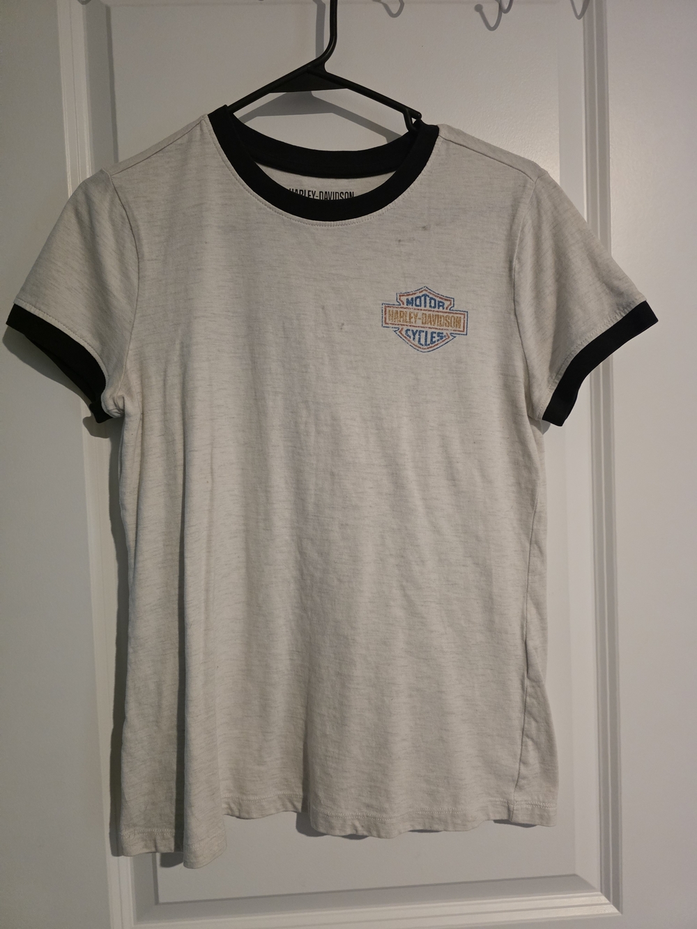 Harley-Davidson White Tee with Black Trim and Small Chest Logo
